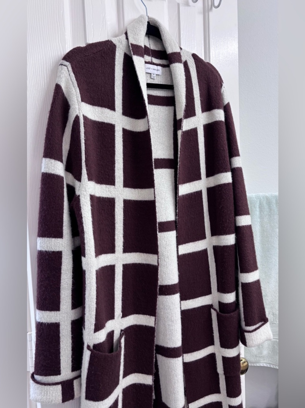 Lost + Wander Grid Plaid Open-Front Long Cardigan in Brown and Cream - SIZE M/L - Picture 3 of 14